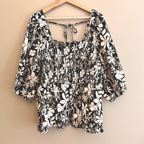 Ava & Viv Tops - Ava & Viv Womens 1X Floral Smocked Peplum Top Puff Sleeve Tie Back Boho Peasant
